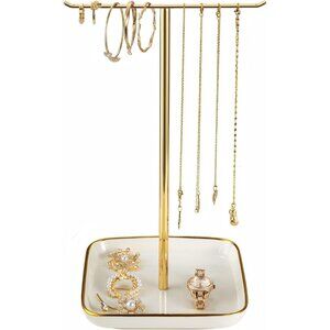Jewelry Holder Stand with Ceramic Base: 12" Tall Necklace Organizer Rack, Tree D